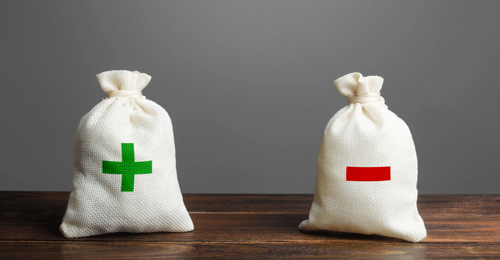 worek z zielony plusem oznaczający zalety oraz worek z czerwonym minusem oznaczający wady