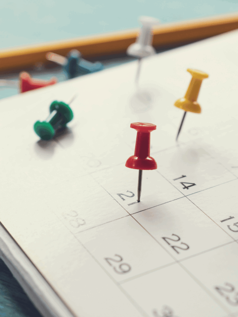 Pinezki wpięte w kalendarz, którymi planuje się odpowiednie czynności