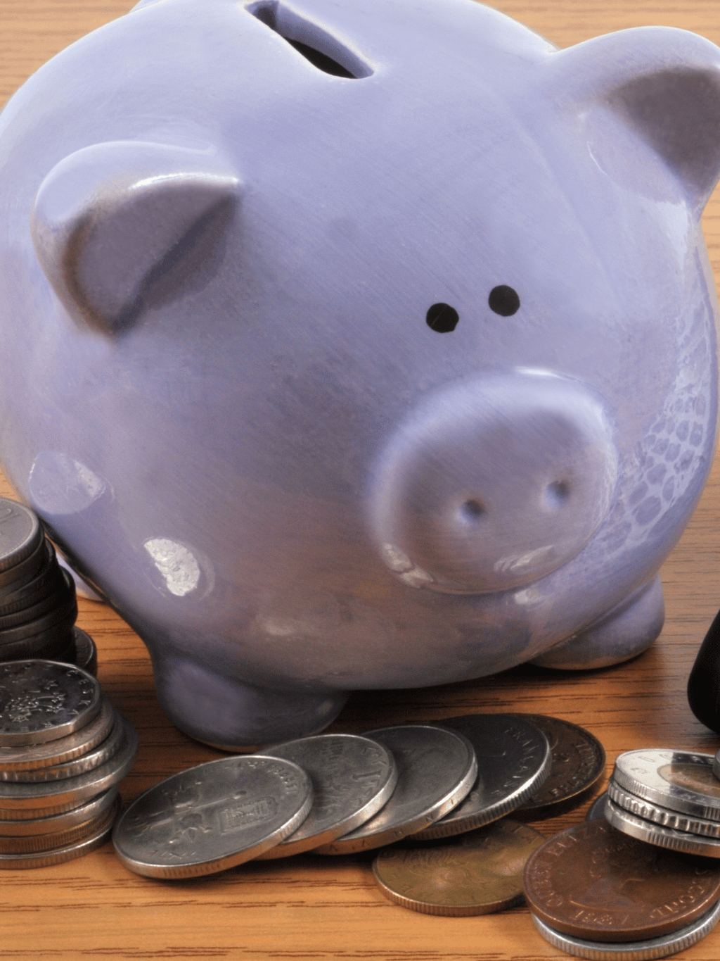 Świnka skarbonka i pieniądze obok niej, co symbolizuje oszczędzanie pieniędzy i późniejsze ich pomnażanie