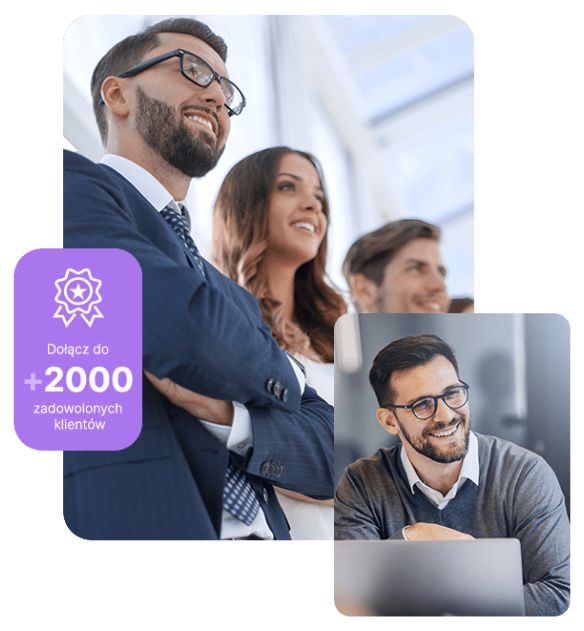 Obrazek przedstawiający 4 biznesmanów stojących obok siebie, jeden z nich siedzi przed laptopem