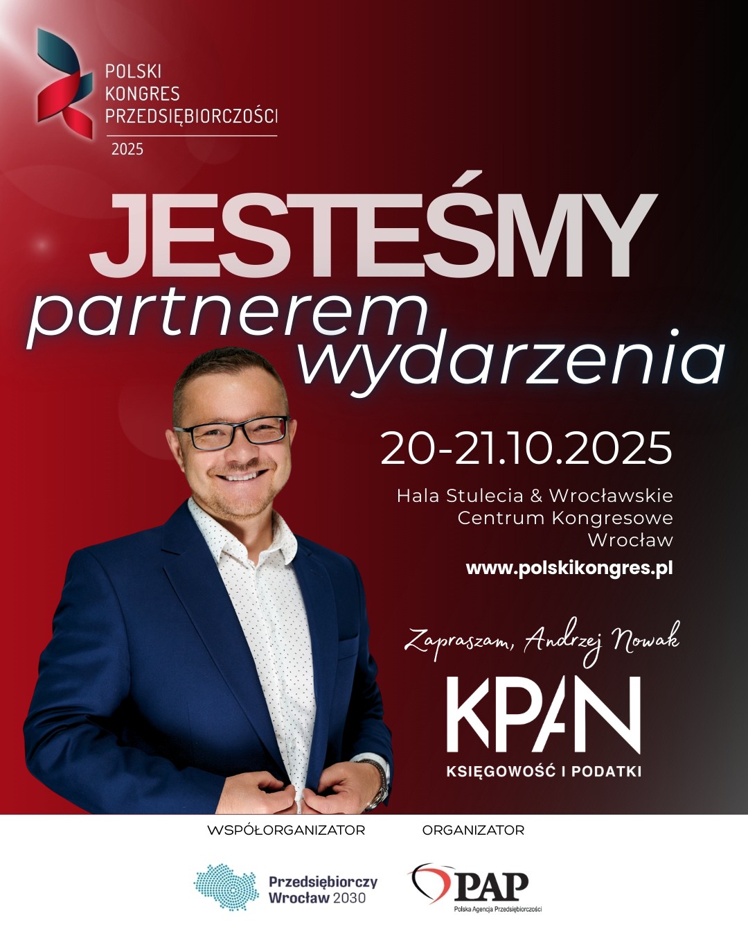 Andrzej nowak z kancelarii podatkowej przedstawiający to że jesteśmy partnerem wydarzenia Polskiego Kongresu przedsiębiorczości we Wrocławiu!